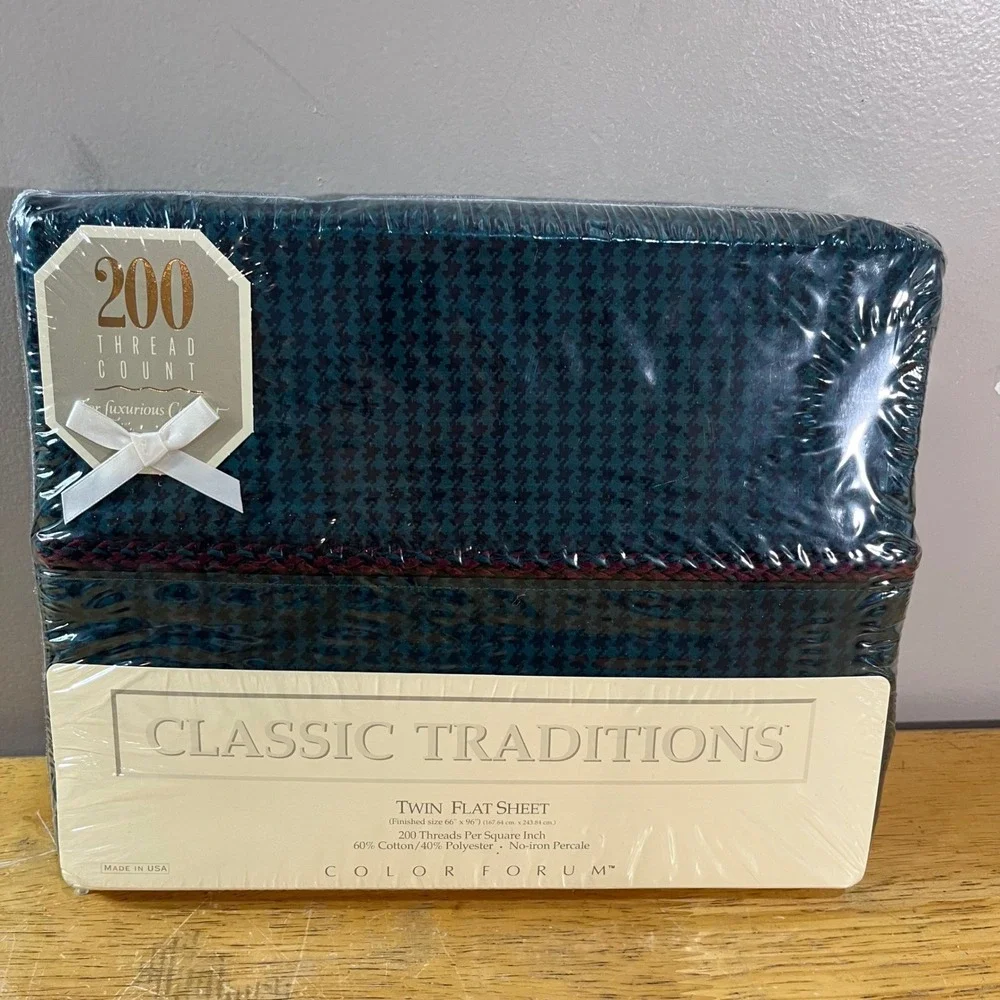 Vtg Classic Traditions Town & Country Twin Flat Sheet Hunter Green Houndstooth